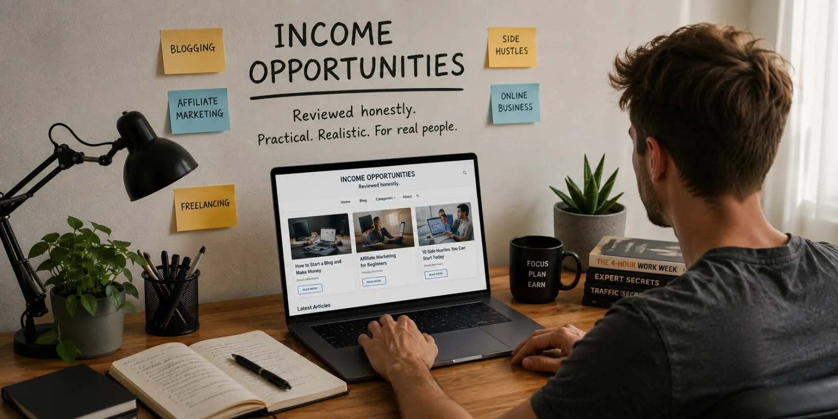 Person researching income opportunities on a laptop